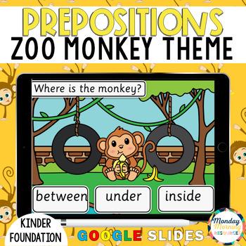 Preview of  Prepositions Zoo Monkey- Positional Vocabulary Google Slides for Kindergarten