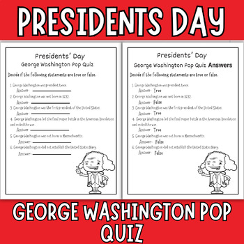Preview of "Presidents' Day Activities George Washington Pop Quiz for 3rd-5th