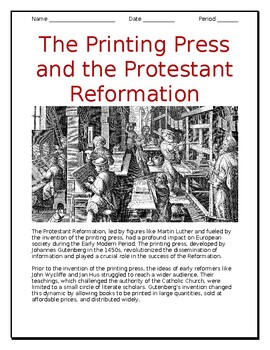 Preview of "Printing Press & Protestant Reformation" in English and Spanish for ELLs / ESOL