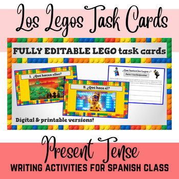 Preview of ¿Qué hacen Los Legos? Spanish ar er ir verb conjugation TASK CARDS writing