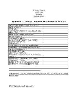 Preview of **Quarterly Progress Report for Speech Therapy, OT or PT**