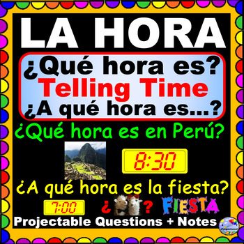 Preview of Que hora es A que hora Projectable QUESTIONS Telling Time in Spanish Powerpoint