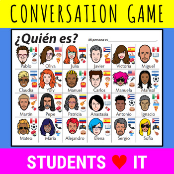 Preview of ¿Quién es? Spanish Conversation Game gusta, verbos, comida, pelo, ser, tener
