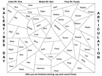 Preview of /R/ Valentine's Day Articulation Color by Speech Word