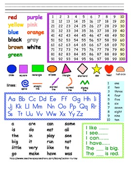 Preview of --REFERENCE CARD!!!-- ABC's - 100's chart - Shapes - Vocabulary