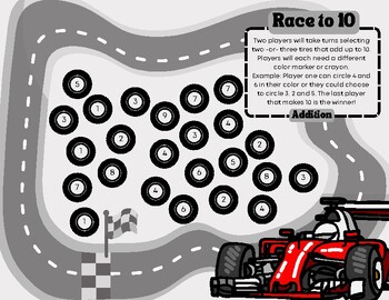 Preview of "Race to 10" 2-Player Fun Math Addition Game Car/Racing Theme (No Prep)