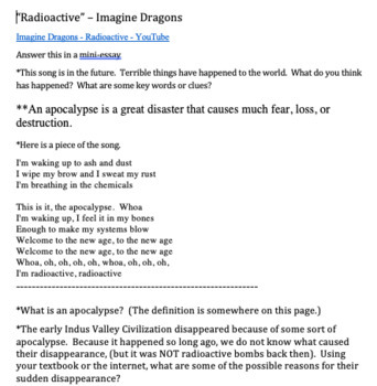 Preview of Apocalypse - "Radioactive" - Imagine Dragons song journal writing prompt