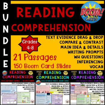 Preview of *Reading Comprehension Boom Cards Bundle, High Interest Passages, Grades 4-8