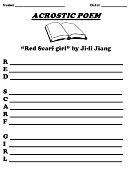 Preview of “Red Scarf girl” by Ji-li Jiang ACROSTIC POEM WORKSHEET