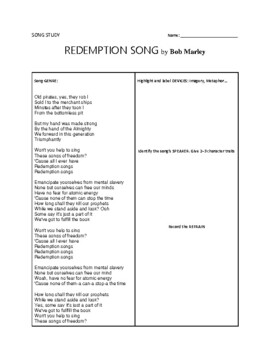 Preview of "Redemption Song" by Bob Marley - Guided Song Response + Answer KEY