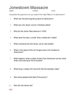 Preview of "Return to Jonestown" Video Questions (No Prep/Sub Plans/Forensics)