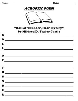 Preview of “Roll of Thunder, Hear my Cry” by Mildred D. Taylor Cast ACROSTIC POEM WORKSHEET