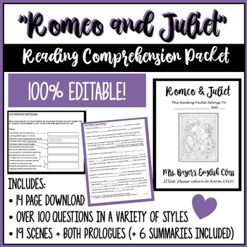 Preview of "Romeo and Juliet" Reading Comprehension Question Packet