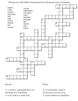 Romeo and Juliet William Shakespeare Act 2 Vocabulary Part A Crossword