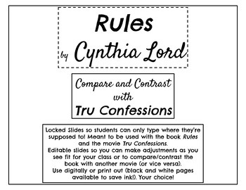 Preview of "Rules" by Cynthia Lord and Tru Confessions Movie Compare/Contrast Template