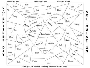 Preview of /S/ Valentine's Day Articulation Color by Speech Word