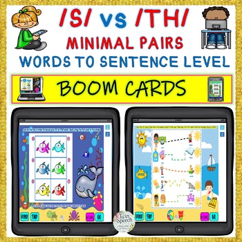Preview of /S/ vs /TH/ Minimal Pairs- Words to Sentence Level BOOM CARDS