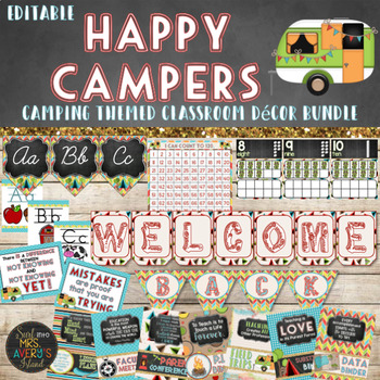 Preview of Camping Classroom Theme Decor Bundle Editable