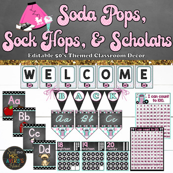 Preview of 50s Sock Hop Classroom Themes Decor Bundle - EDITABLE