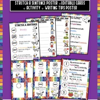 Preview of ✪ SNOOPY & FRIENDS Stretch a sentence Poster + Editable Cards + Activities ✪