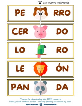 Preview of (SPANISH HANDS-ON ACTIVITY) Half Word Strips - Animals
