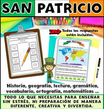 Preview of St. Patrick's Day Spanish Reading Grammar Vocabulary Spelling Math San Patricio 