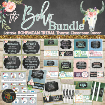 Boho Classroom Themes Decor Bundle - Bohemian Shabby Chic Editable