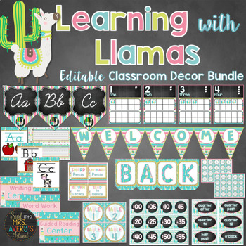 Preview of Llama Classroom Theme Decor Bundle Editable