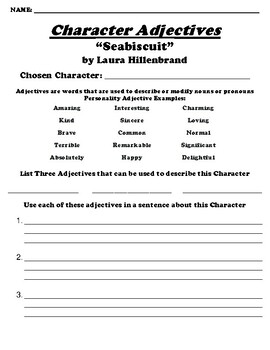 “Seabiscuit” by Laura Hillenbrand CHARACTER ADJECTIVE WORKSHEET | TPT