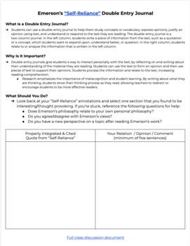 Preview of "Self-Reliance" Excerpt, Double Entry Journal, and Discussion Doc