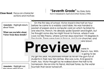 Preview of "Seventh Grade" Short Story Character Actions and Motivation aligned Margin Work