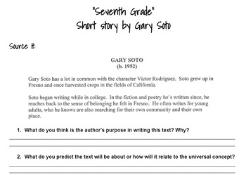 Preview of "Seventh Grade" by Gary Soto Multiple Reads
