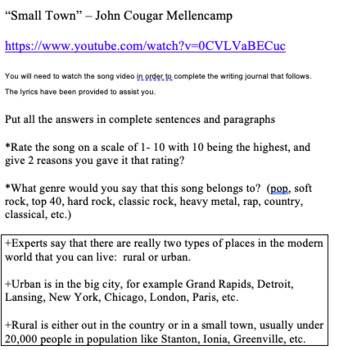Preview of Rural vs. Urban - "Small Town" - John Mellencamp song journal writing prompt