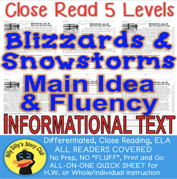 Preview of Snowstorms & Blizzards Nonfiction LEVELED Passages Main Idea Fluency Check TDQ