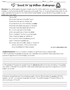 Preview of "Sonnet 130" Shakespeare Close Read & Analysis