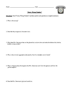 Preview of "Sorry, Wrong Number" Worksheet, Test, or Homework Assignment with Answer Key