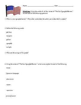Preview of "The Star-Spangled Banner" Worksheet, Test, or Homework and Detailed Answer Key