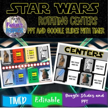 Preview of ⭐Star Wars Themed Rotating Centers PowerPoint and Google Slides with Timers!⭐