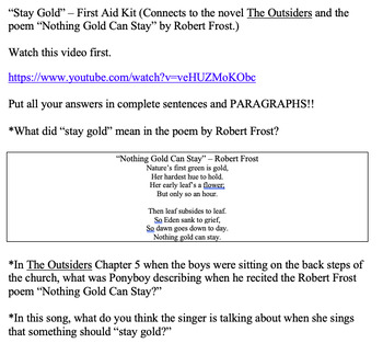 Preview of "Stay Gold" song writing prompt - "Nothing Gold Can Stay" and The Outsiders link