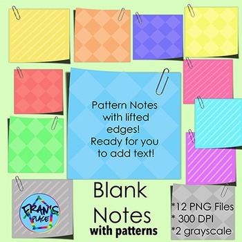 Preview of "Sticky Notes" Clip Art:  Patterned Blank notes with Paperclips