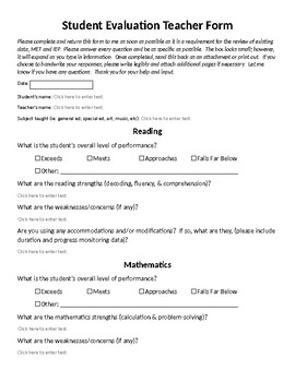 Preview of "Student Evaluation Teacher Input Form" (Clickable/printable/ditgital)