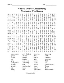 Preview of "Subway Wind" by Claude McKay Companion Vocabulary Word Search and Poem