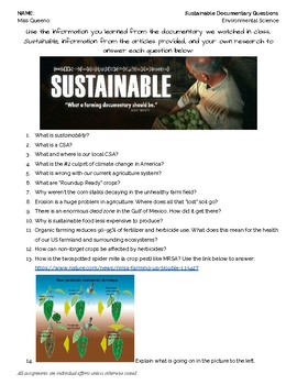 Preview of "Sustainable" Documentary Questions with Answer Key