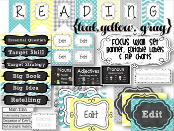 Preview of {TEAL, YELLOW, GRAY} Reading Focus Wall Set + Editable Labels and Flip Charts
