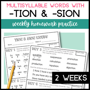 Preview of TION and SION Decoding Multisyllabic Words | Phonics Homework Activities