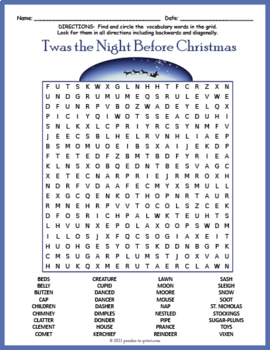 Preview of 'TWAS THE NIGHT BEFORE CHRISTMAS Word Search Worksheet Activity