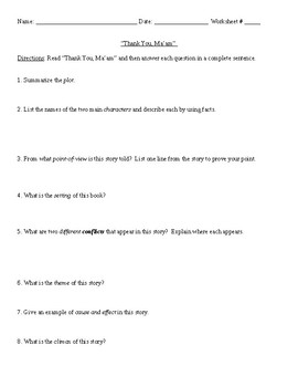 Preview of "Thank You, Ma'am" Review Worksheet (or Test) and Comprehensive Answer Key