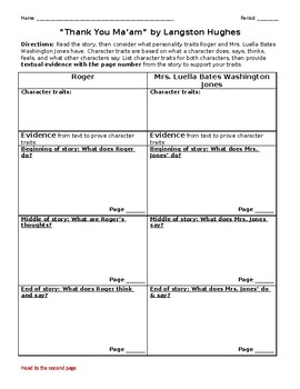 Preview of "Thank You Ma'am" by Langston Hughes Characterization & Theme Worksheet