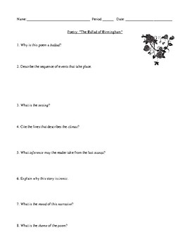 Preview of "The Ballad of Birmingham" Worksheet (or Test) and Detailed Answer Key