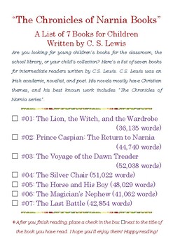 Preview of “The Chronicles of Narnia Books”: A List of 7 Books written by C. S w/Word Count
